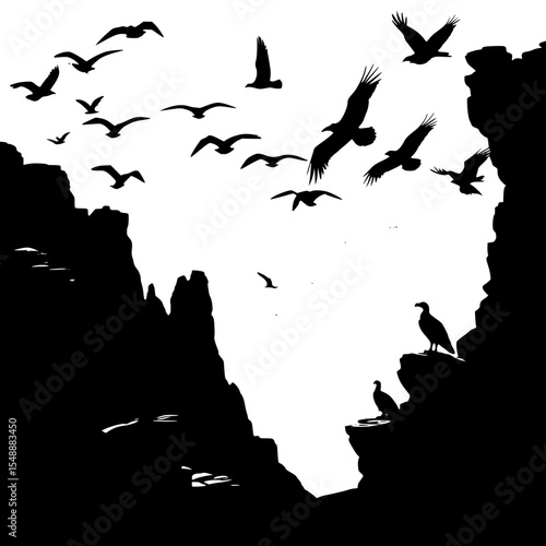 A silhouetted vector of a rocky canyon landscape with vultures circling in the sky.”