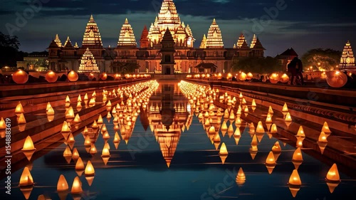 Ancient Indian temples beautifully illuminated by countless diyas during the vibrant Diwali festival at dusk, creating a mesmerizing reflection on the calm waters nearby
