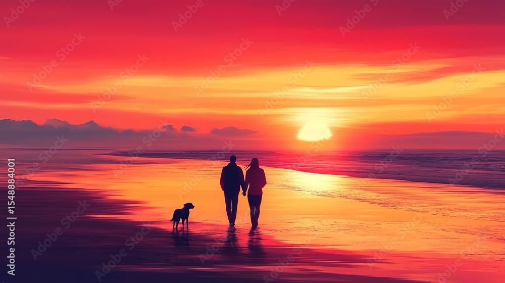 Couple walking along the beach with their dog at sunset. The warm golden light and soft waves create a peaceful and loving atmosphere. Couple walking along the beach with their dog at sunset. The warm golden light and soft waves create a peaceful and loving atmosphere.