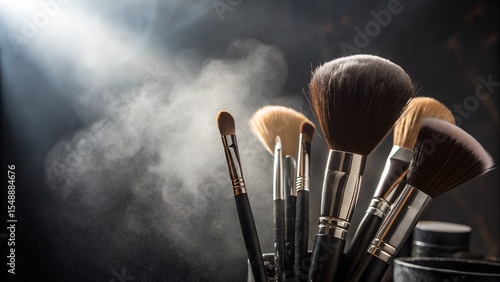 Dramatic Makeup Brushes with Powder Burst and Spotlight Illumination in Dark Setting