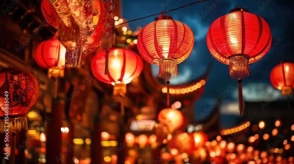 Illuminated Red Lanterns Decorating a Chinese Temple at Night with Bokeh Lights Illuminated Red Lanterns Decorating a Chinese Temple at Night with Bokeh Lights