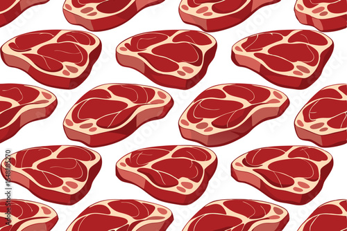 Seamless Pattern of Fresh Raw Beef Steaks on White Background