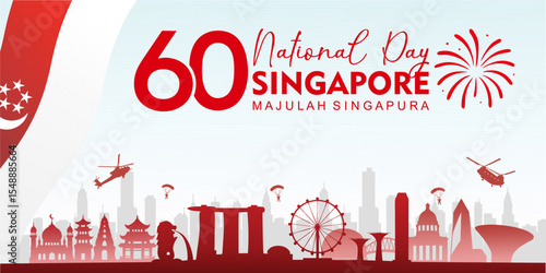 Singapore National Day banner with modern city skyline and official slogan - Majulah Singapura - suitable for banner, poster, greeting card.
