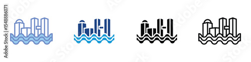 Urban Flooding Icon, City Flood Warning Symbol, Flooded Building Vector Illustration, Flood Disaster Signage, Water Rising in Urban Landscape Icon
