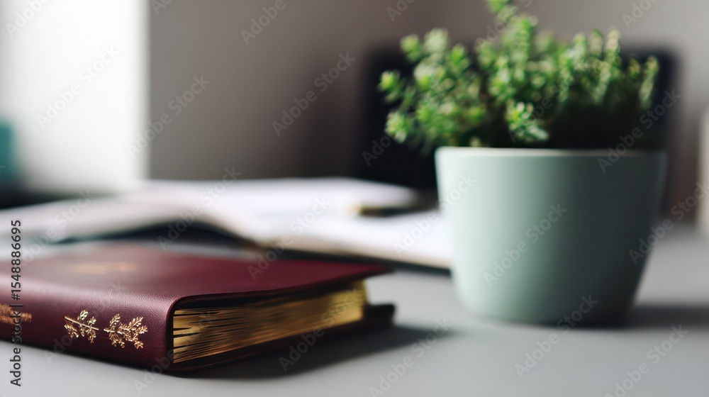 Fototapeta premium A burgundy leather-bound journal sits on a gray surface next to a muted green plant pot.