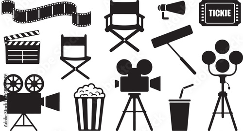  Black Cinema Icons Set with Film Reel, Camera, and Popcorn, Ideal for Movie Vector Art Illustration Design