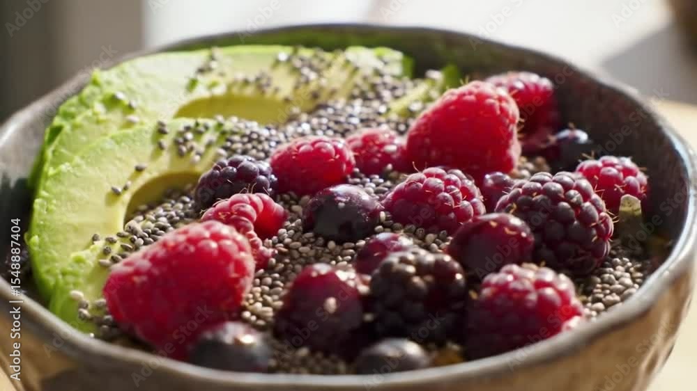 A macro shot of a nutritious breakfast bowl topped with raspberries, blueberries, and chia seeds.
A macro shot of a nutritious breakfast bowl topped with raspberries, blueberries, and chia seeds.