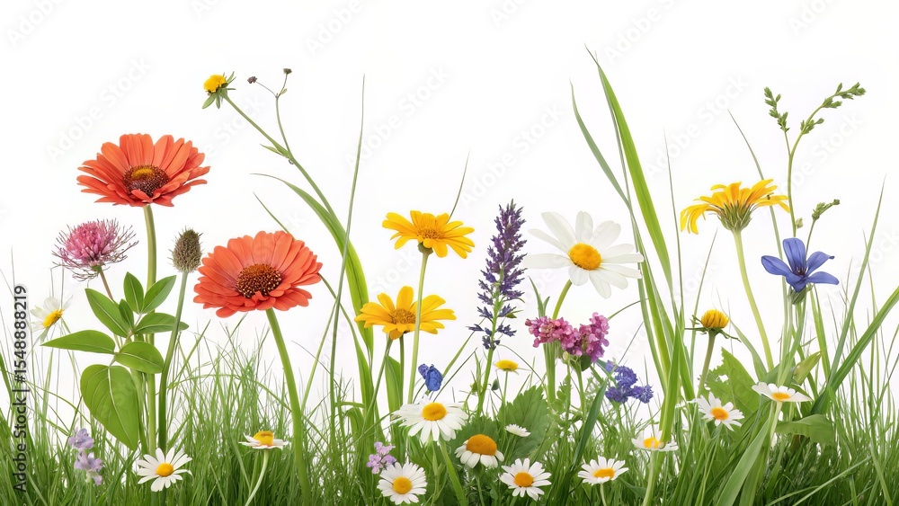 Fototapeta premium Contrasting wildflowers and grass arranged horizontally, perfect for banner usage.