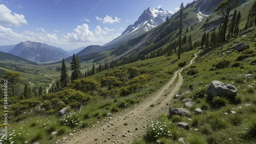 Mountain landscape with winding dirt path, green grass, scattered rocks, and pine trees under blue sky with clouds, creating peaceful nature valley scene Mountain landscape with winding dirt path, green grass, scattered rocks, and pine trees under blue sky with clouds, creating peaceful nature valley scene