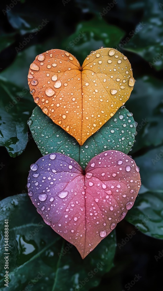 Obraz premium Heart-shaped leaves, vibrant colors, water droplets