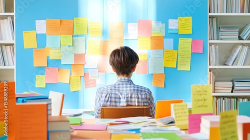 Student studying and brainstorming using sticky notes on wall in library