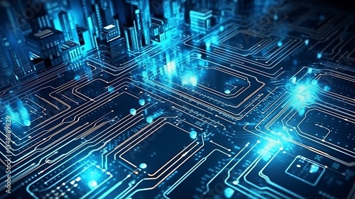 Wallpaper Mural Intricate neon blue circuit board patterns glowing against a dark background, showcasing detailed microchips and glowing lines. Torontodigital.ca