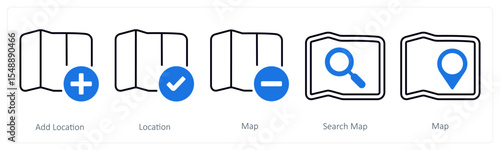A set of 5 mix icons as add location, location, map information