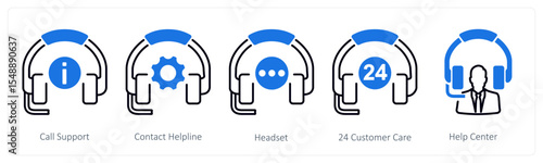 A set of 5 mix icons as call support, contact helpline, headset