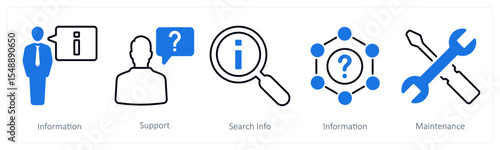 A set of 5 mix icons as information, support, search info