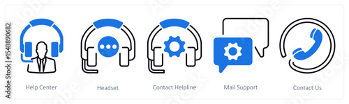 A set of 5 mix icons as help center, headset, contact helpline