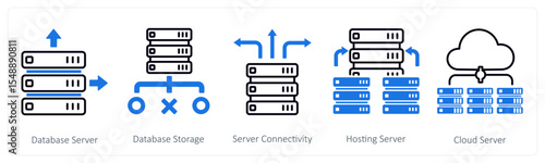 A set of 5 mix icons as database server, database storage, server connectivity