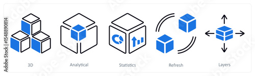 A set of 5 mix icons as 3d, analytical, statistics