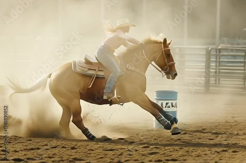 A cowboy rides a bucking bronc horse in slow motion, full of grit, strength, and classic rodeo action.