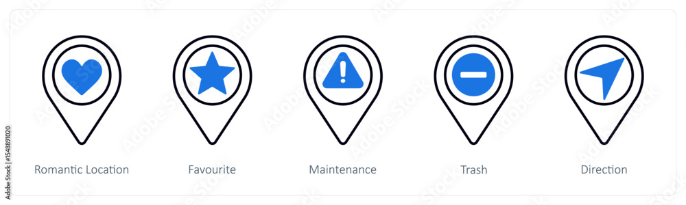 A set of 5 mix icons as romantic location, favorite, maintenance A set of 5 mix icons as romantic location, favorite, maintenance