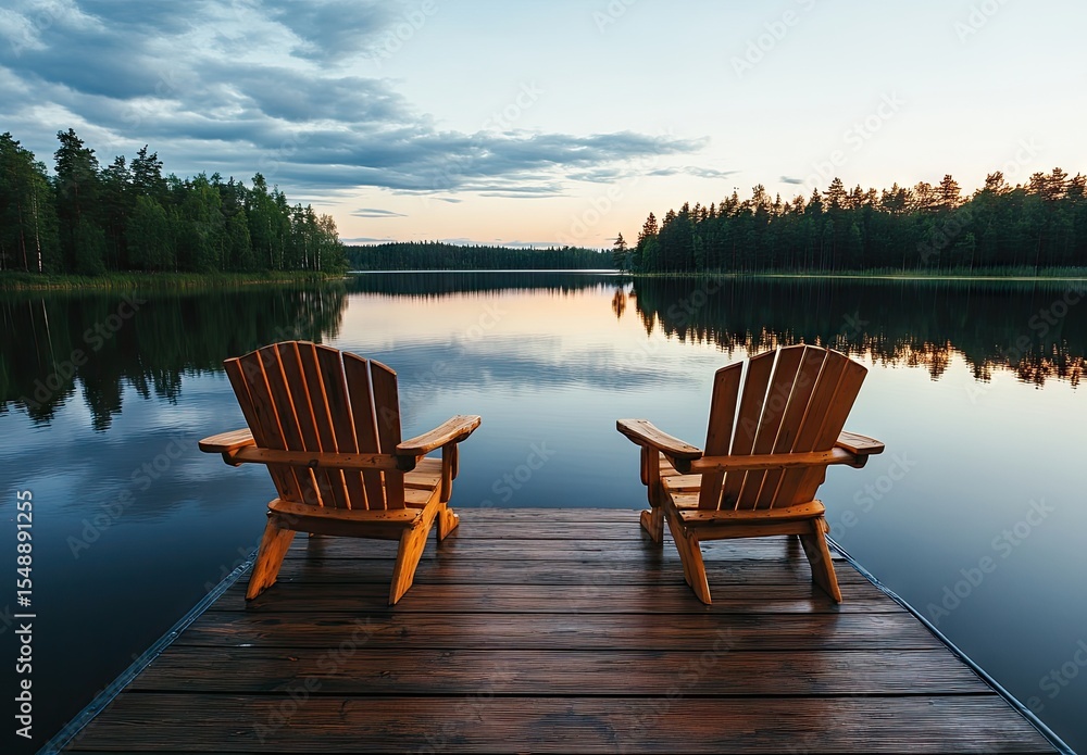 Naklejka premium Peaceful wooden Adirondack chairs on a lakeside dock at sunset