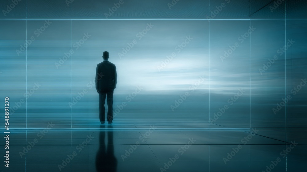 Obraz premium Silhouetted figure in a suit stands before a large illuminated blue gradient screen in a sleek, minimalist high-tech environment with reflective floor.