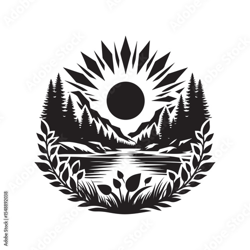 nature scenes vector silhouette clip art logo design illustration. river, tree, mountain abstract collections.