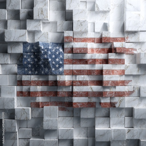 Marble Wall Art with Distressed American Flag Design in 3D Blocks