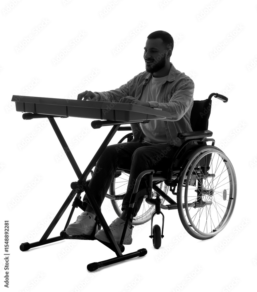 Fototapeta premium Silhouette of young man in wheelchair playing synthesizer on white background