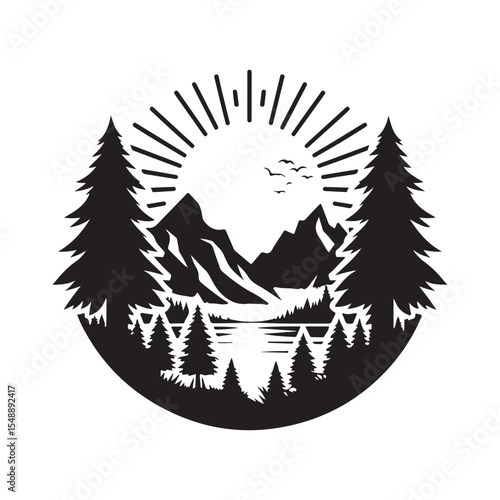 nature scenes vector silhouette clip art logo design illustration. river, tree, mountain abstract collections.