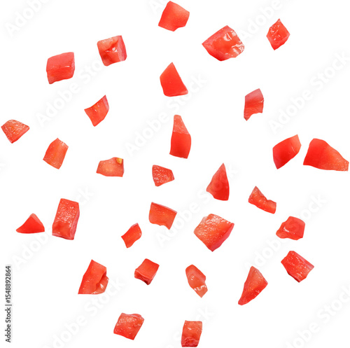 Konstfotografi An assortment of diced red tomatoes scattered on a white background, ideal for culinary presentations