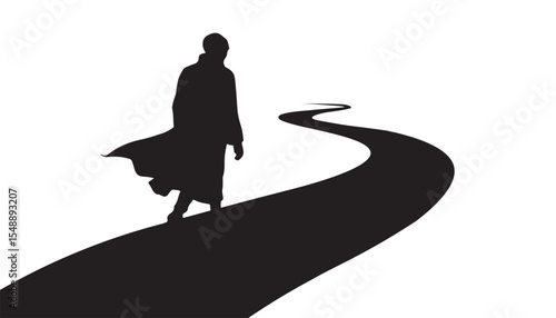 A silhouette of man walking alone on road On white background