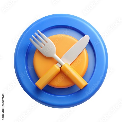 3d render of a fork and knife on a plate icon isolated on white background