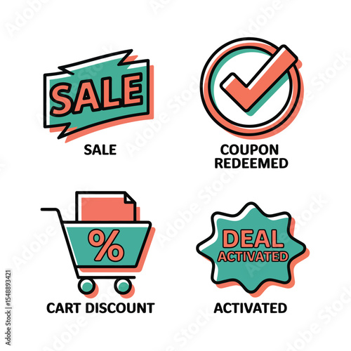 Four teal and coral colored line art icons depicting sale coupon redeemed cart discount and deal activated with text labels below each