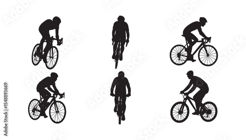 Set of silhouette cyclist in different poses On white background