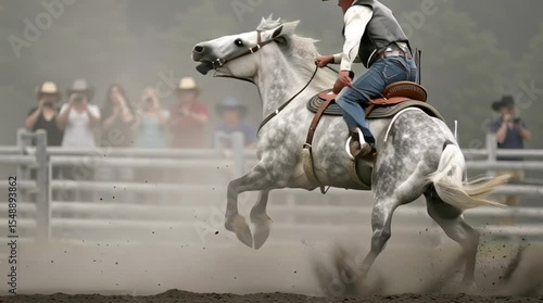 A cowboy rides a bucking bronc horse in slow motion, full of grit, strength, and classic rodeo action.