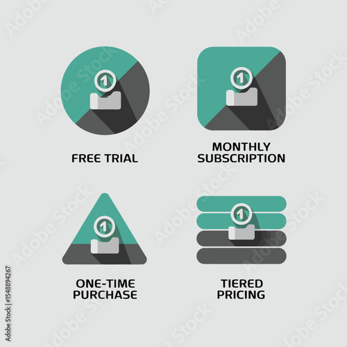 Four Teal and Gray Icons Illustrating Pricing Options Free Trial Monthly Subscription One Time Purchase and Tiered Pricing Each Icon Features a Number One Inside a Circle Above a File