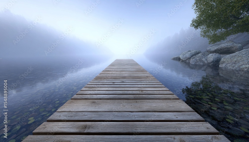 Obraz premium Wooden pier stretching into misty lake at dawn