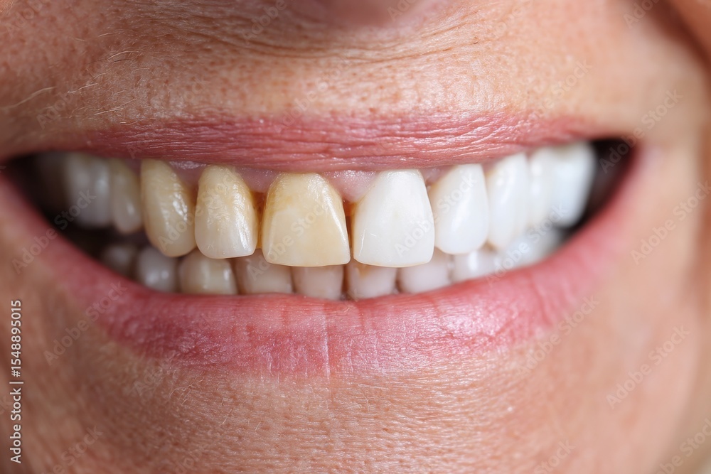 Fototapeta premium Close-up of mature caucasian female's smile with tooth discoloration and healthy teeth