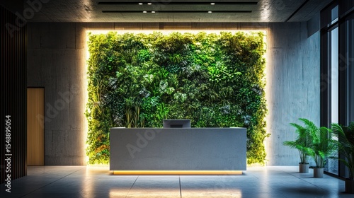 Contemporary reception area featuring a vertical garden and sleek design