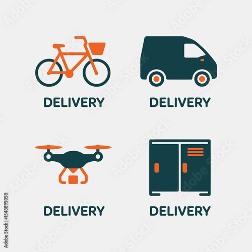 Four Teal and Orange Delivery Method Icons Bicycle Van Drone Locker Flat Design Illustration image