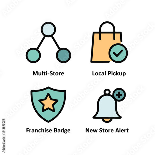 Four teal and orange colored line icons depicting multistore network local pickup franchise badge and new store alert notification symbols on white background