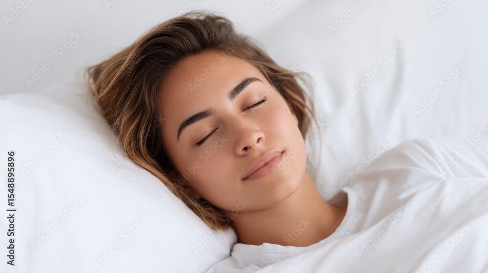 Young caucasian female sleeping peacefully in white bedding Young caucasian female sleeping peacefully in white bedding