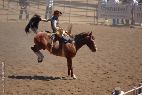A cowboy rides a bucking bronc horse in slow motion, full of grit, strength, and classic rodeo action.