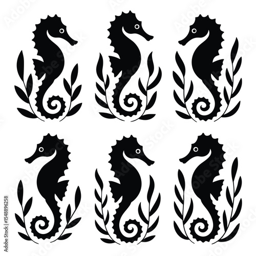 Elegant Seahorse Silhouettes: A Nautical Design Set