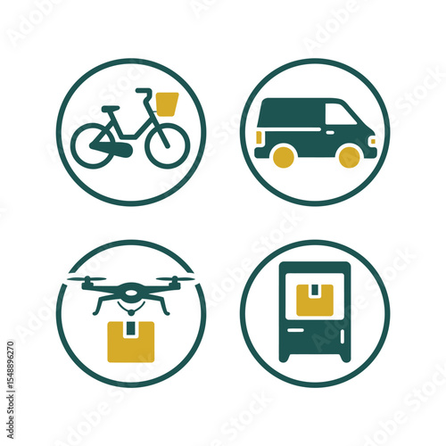 Four Teal Circles Featuring Delivery Methods Bicycle with Basket Delivery Van Drone with Package and Automated Package Dispenser Gold and Teal Icons