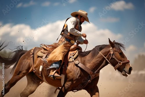 A cowboy rides a bucking bronc horse in slow motion, full of grit, strength, and classic rodeo action.