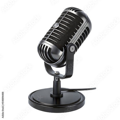 3D Black Studio Microphone Icon in Plastic Style on White Background.