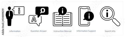 A set of 5 mix icons as information, question answer, instruction manual