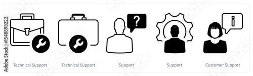 A set of 5 mix icons as technical support, support, customer support